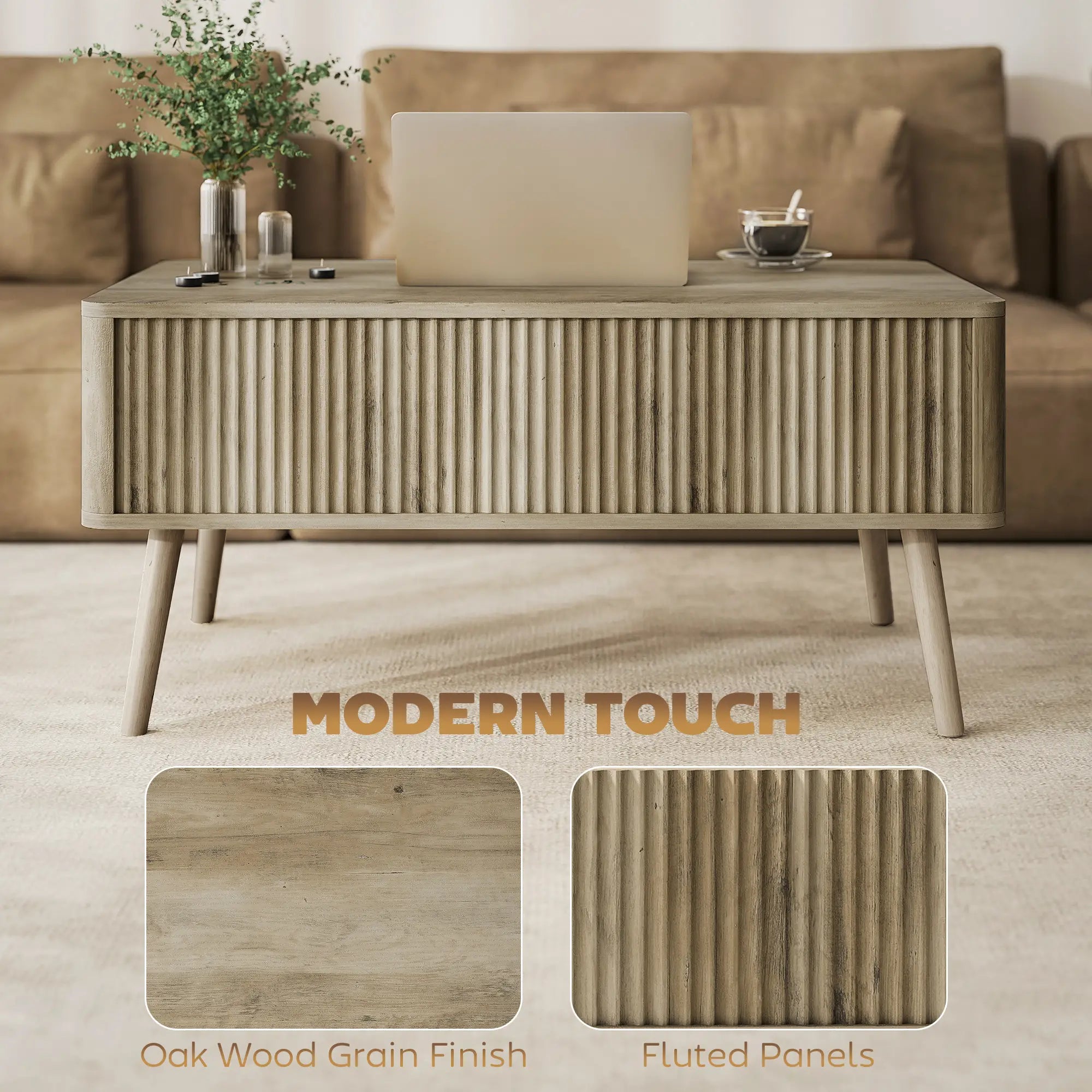 Lift Top Coffee Table with Storage, Hidden Compartments, Pine Wood Legs, Oak Coffee Tables at Gallery Canada