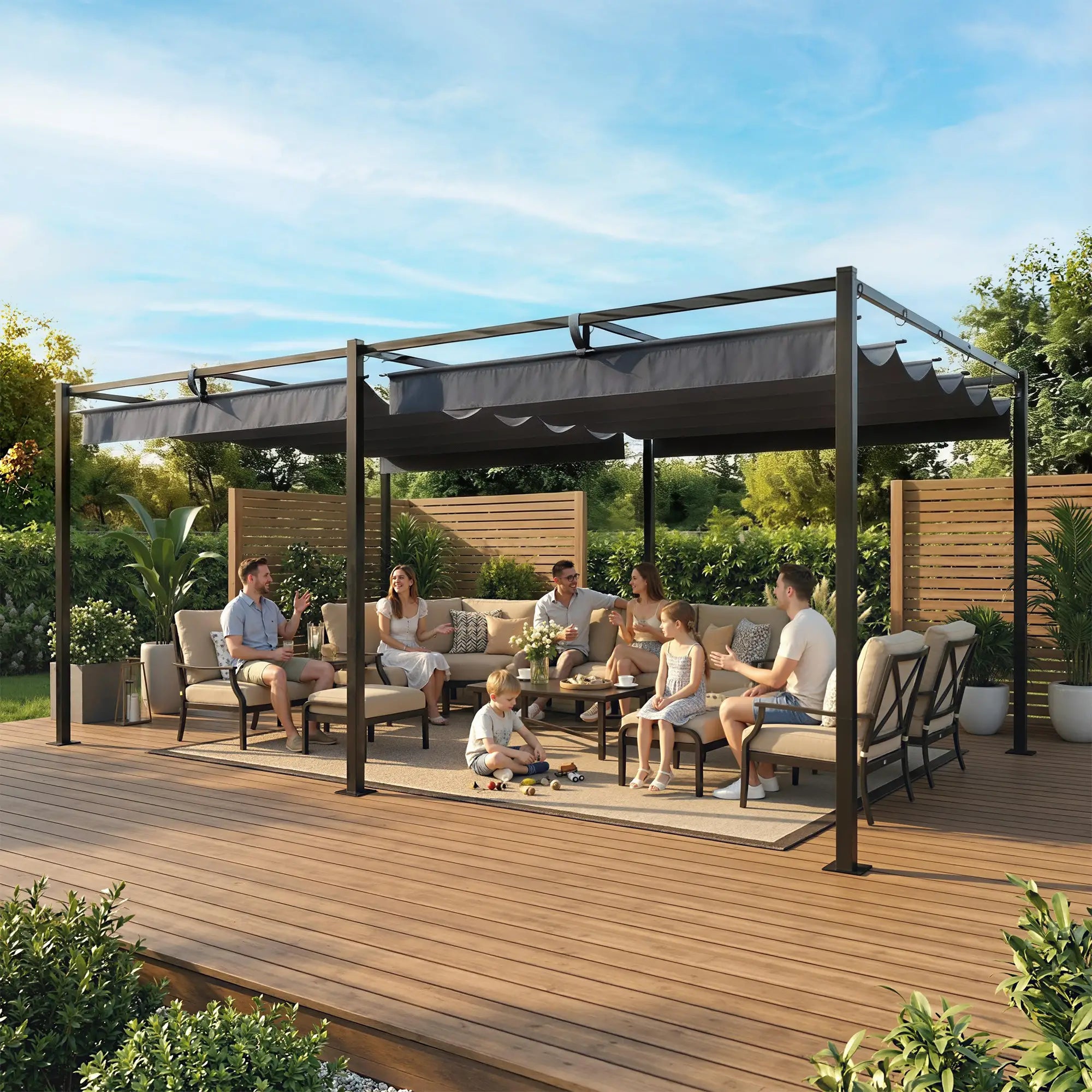 19' x 10' Dark Grey Pergola, Retractable Canopy, UV50+ Sun Shade, Dark Grey Pergolas at Gallery Canada