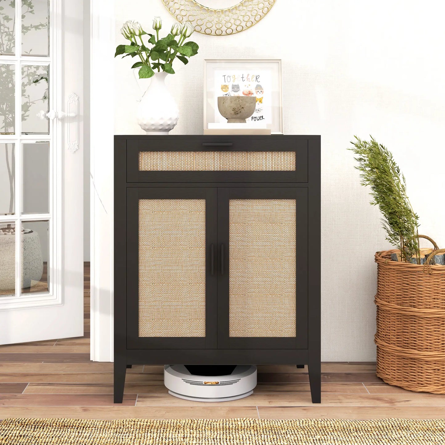Boho Kitchen Sideboard, 2 Rattan Doors, Drawer, Black Storage Cabinets at Gallery Canada
