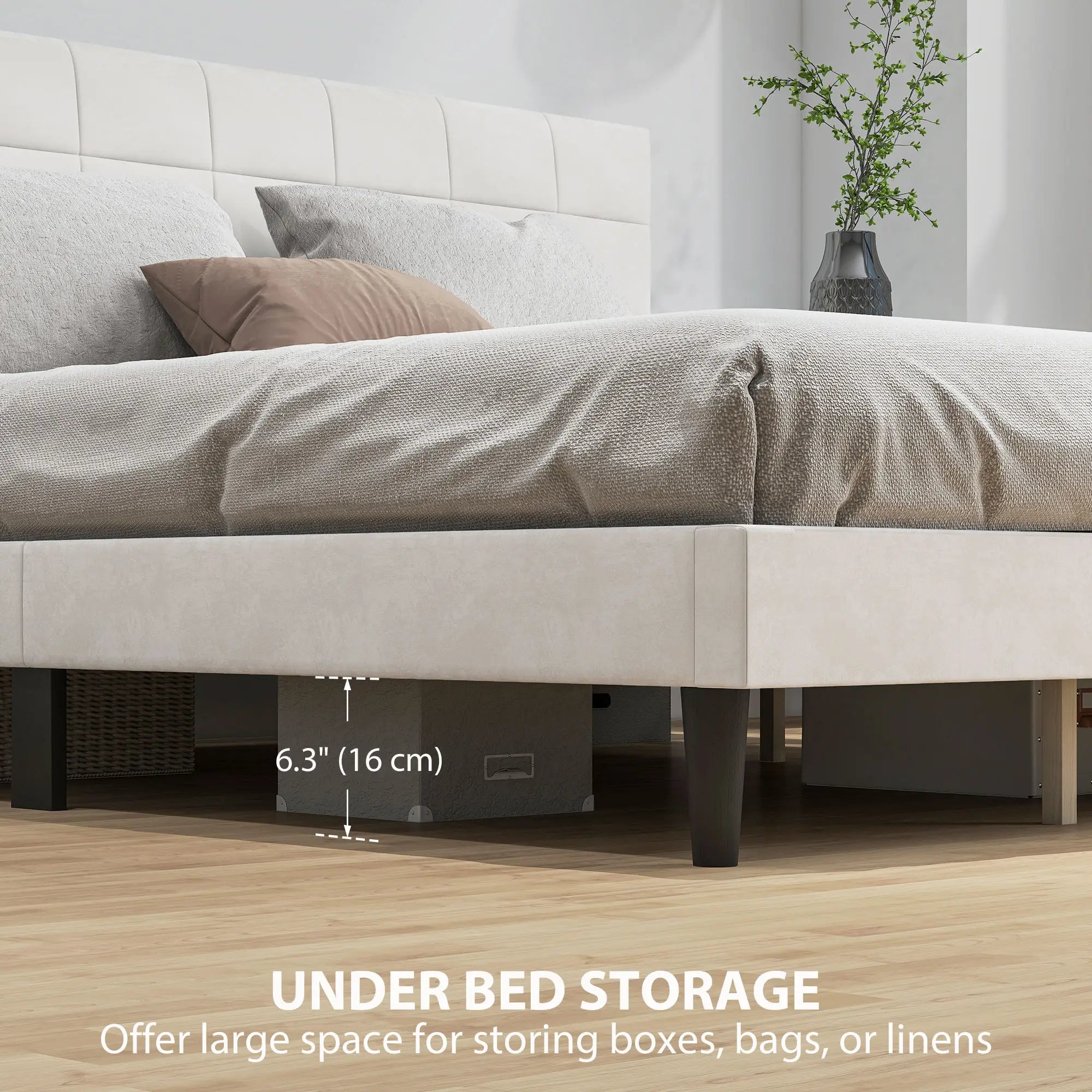 King Size Bed Frame, Upholstered Headboard, Wood Slats, 1100 lbs, Cream Bed Frames at Gallery Canada