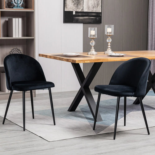 Set of 2 Mid-Back Dining Chairs, Velvet Upholstery, Black