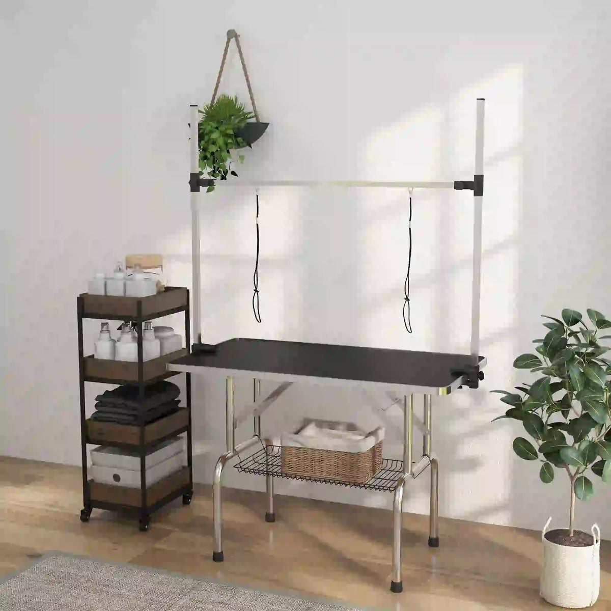 Adjustable Dog Grooming Table, 2 Safety Slings, Storage Basket, Black Dog Grooming Tables at Gallery Canada
