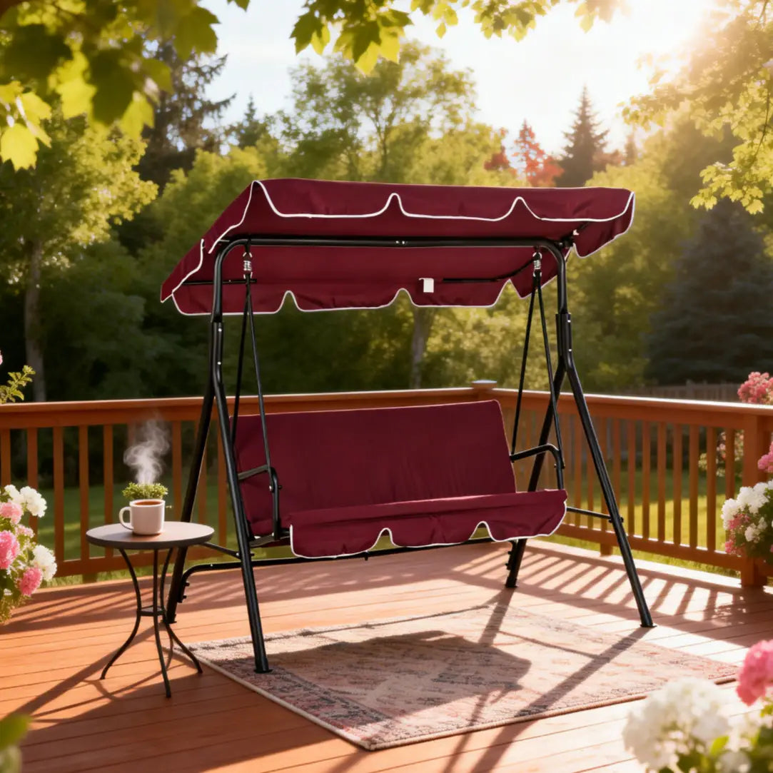 3-Seater Patio Swing Chair with Canopy, Garden Poolside, Wine Red Patio Swings with Stand at Gallery Canada